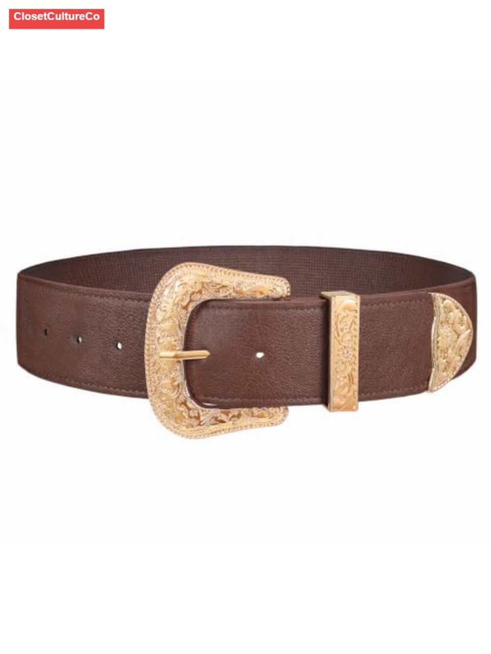 Women Western Elastic Wide Belt Faux Leather Gold Buckle